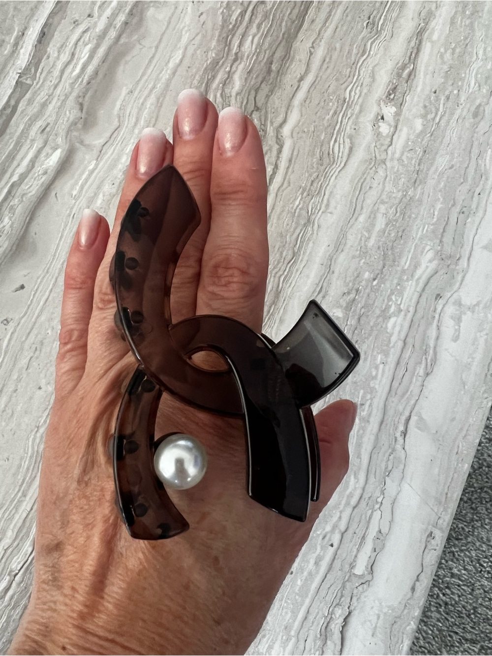Oversized Smoky Brown Hair Claw with Decorative Pearl
